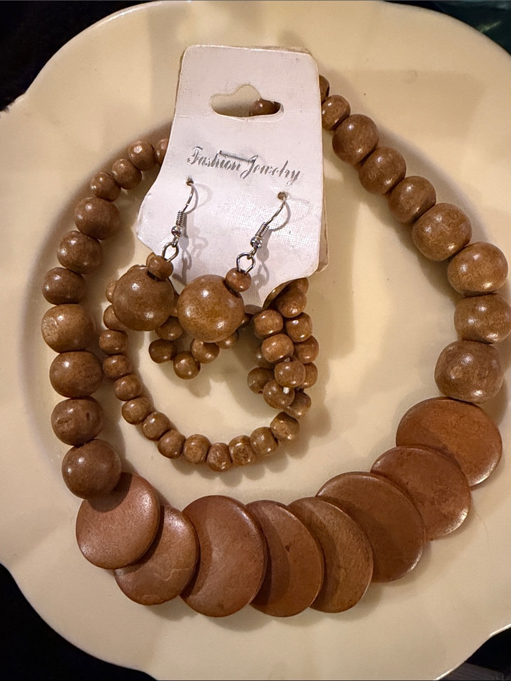 Fashion Jewelry Brown Wooden Bead Necklace and Matching Earrings